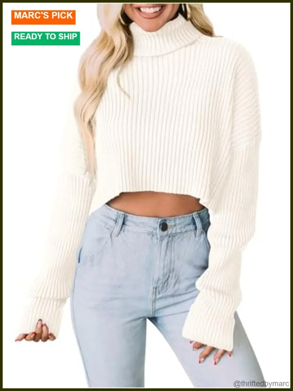 Cropped Turtleneck Sweater Long Sleeve Ribbed Knit Women's